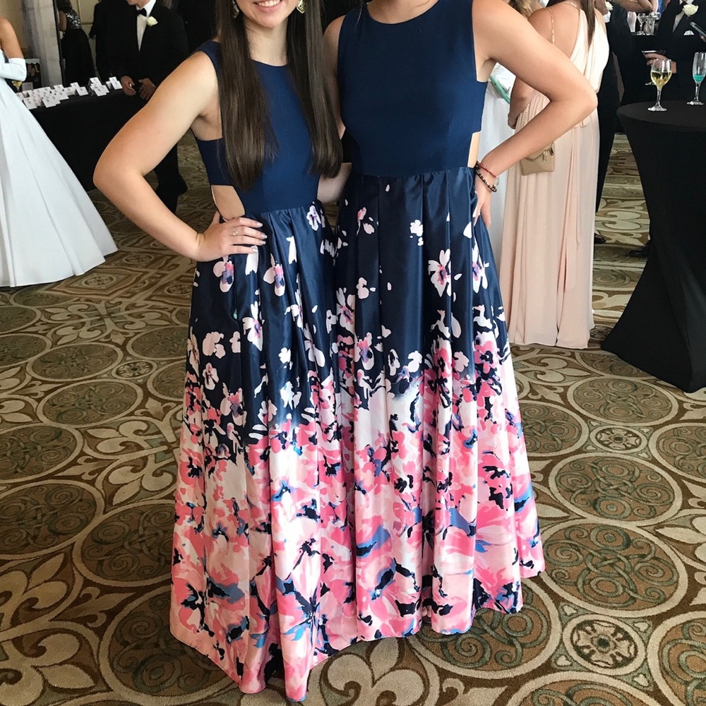 Betsy & Adam Navy Floral Halter Formal Gown